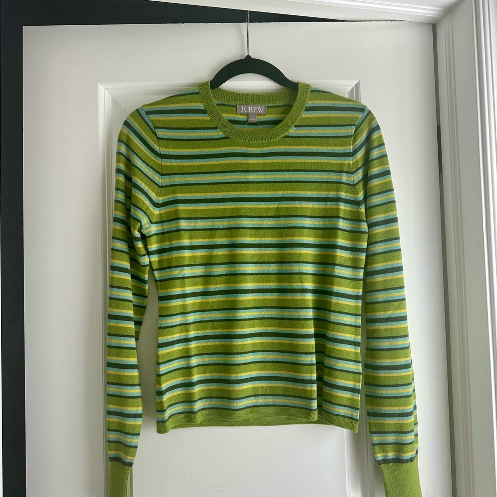 J. Crew Green Striped Crew Neck Sweater